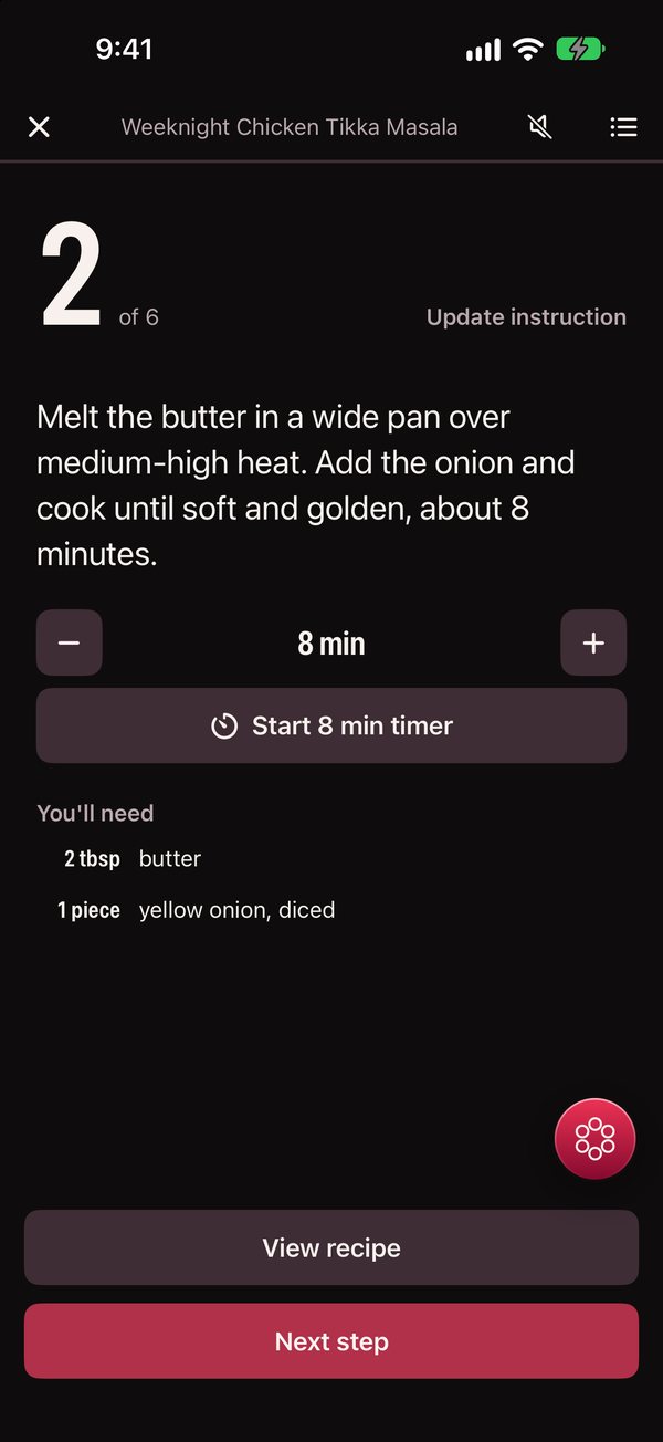 Cook mode on step 2 of 6, with the instruction, an 8 minute timer button, and the two ingredients that step needs.